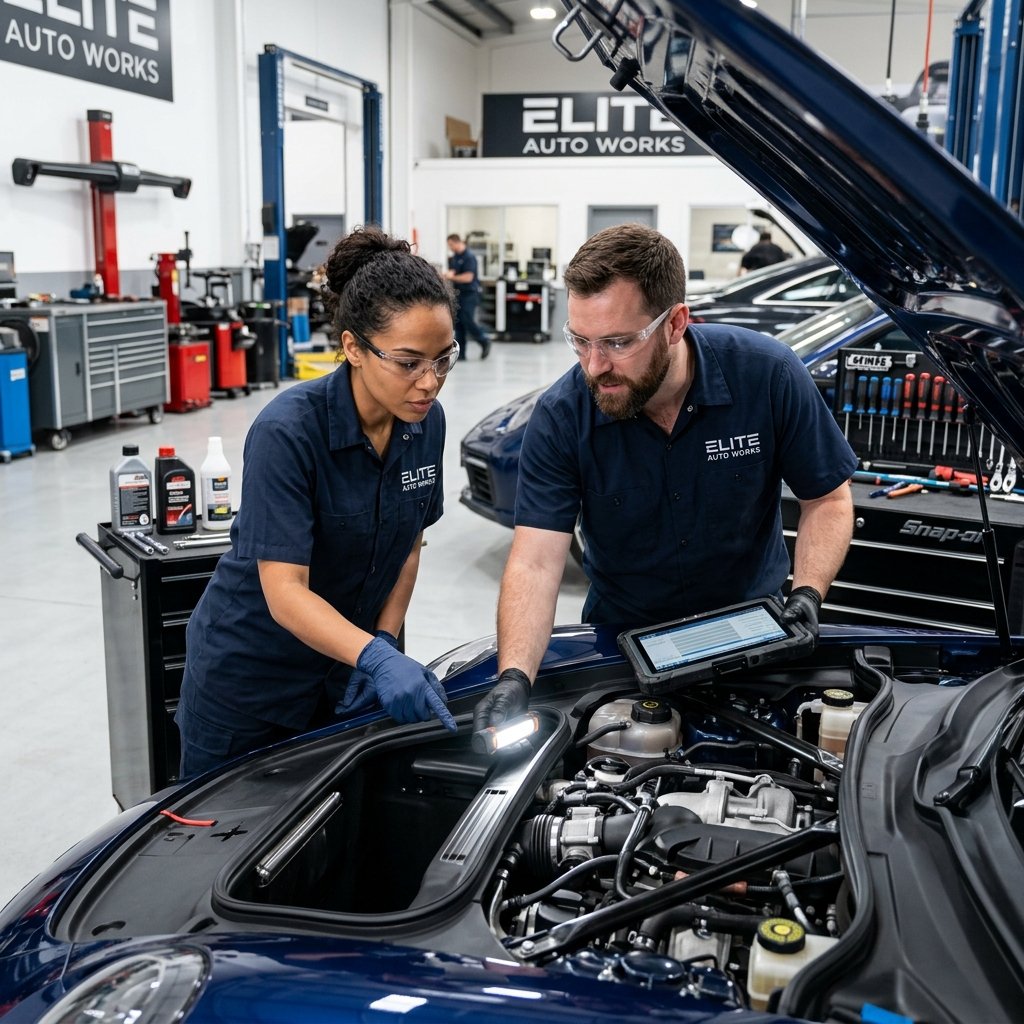 Mechanics working on engine at auto shop