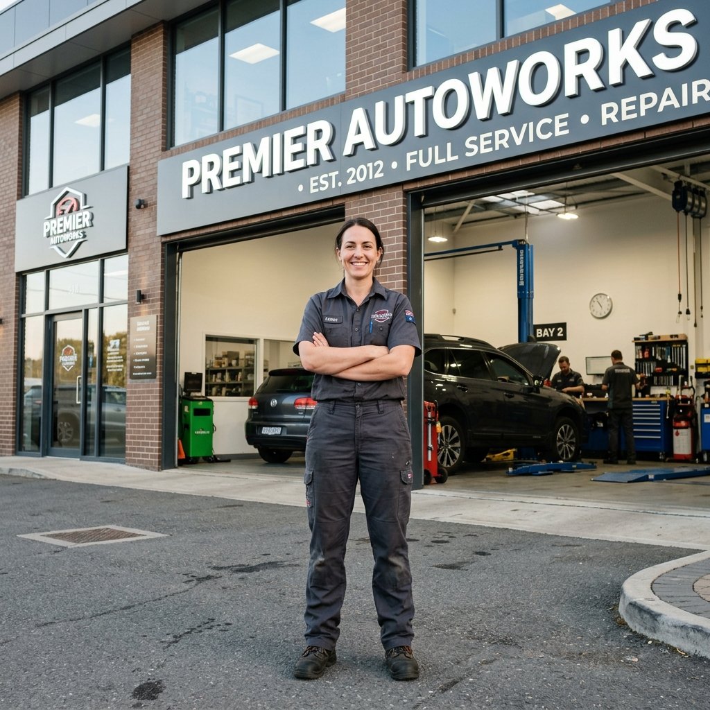 Happy auto mechanic posing in service bay